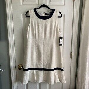 NWT! Karl Lagerfeld White and Navy Trim Textured Dress - size 14